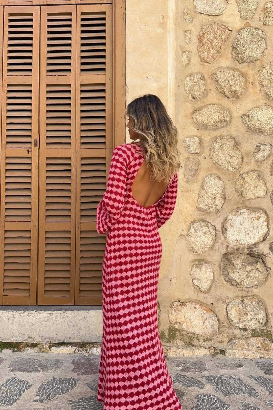 Beach Vacation Sexy Backless Knitted Hollow Long Dress