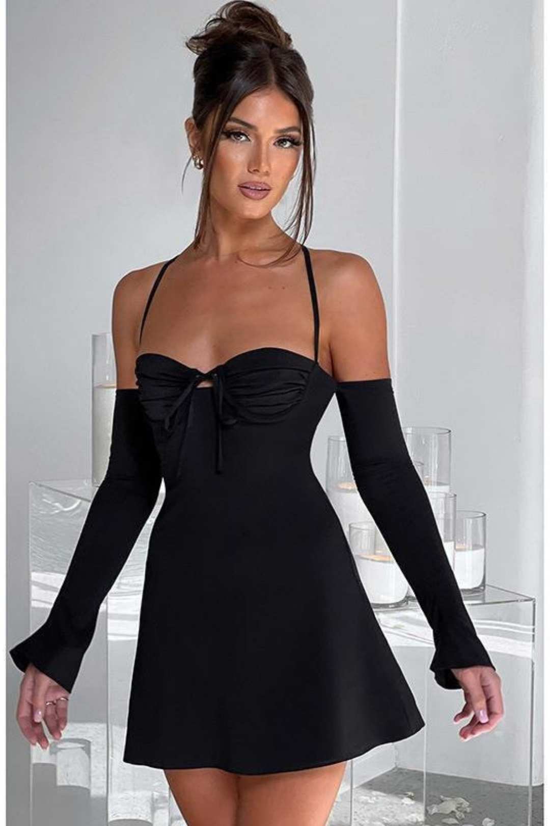 Hot Girl Slim-fit Halter Neck Strap Sleeves Backless Strap A-line Dress