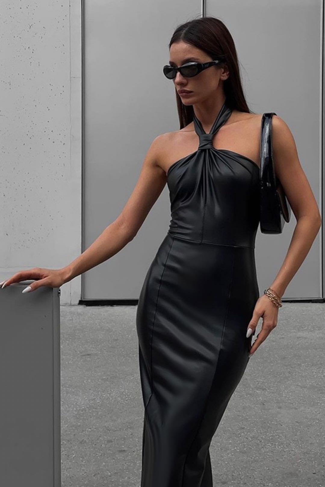 Sexy Backless Long Dress Fashionable Slim Halterneck PU Leather Dress