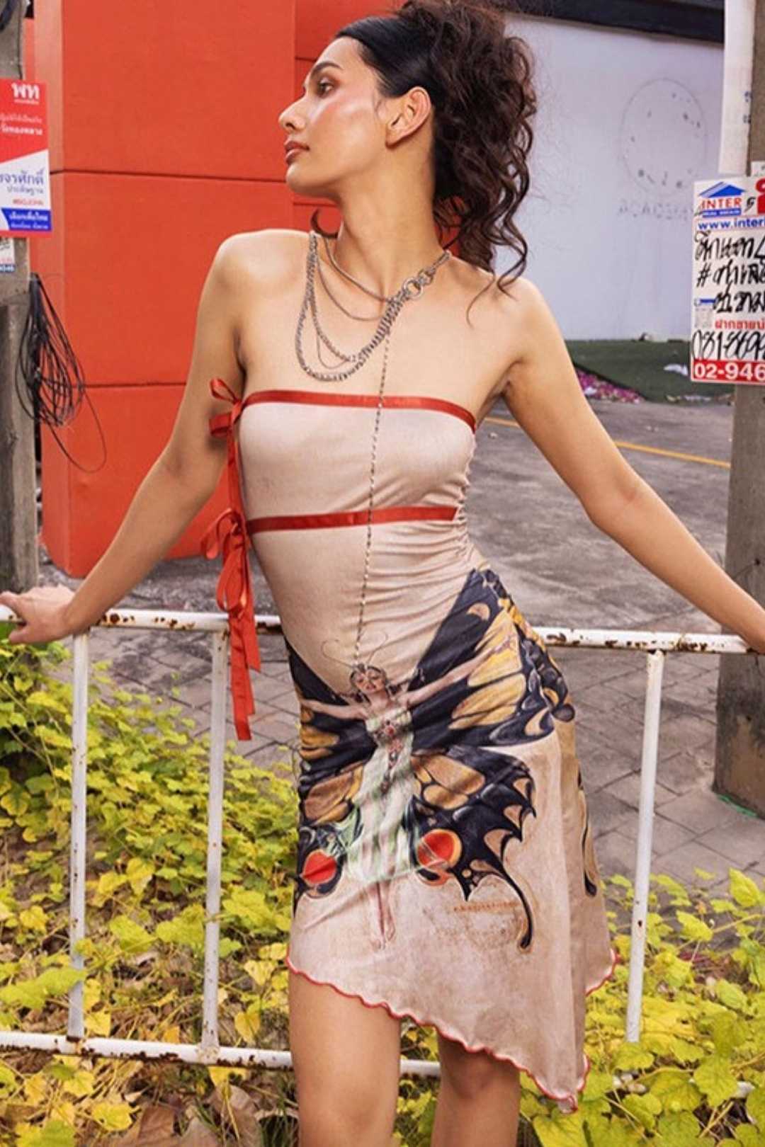 Butterfly Girl Abstract Printed Irregular Design Dress Women's New Summer