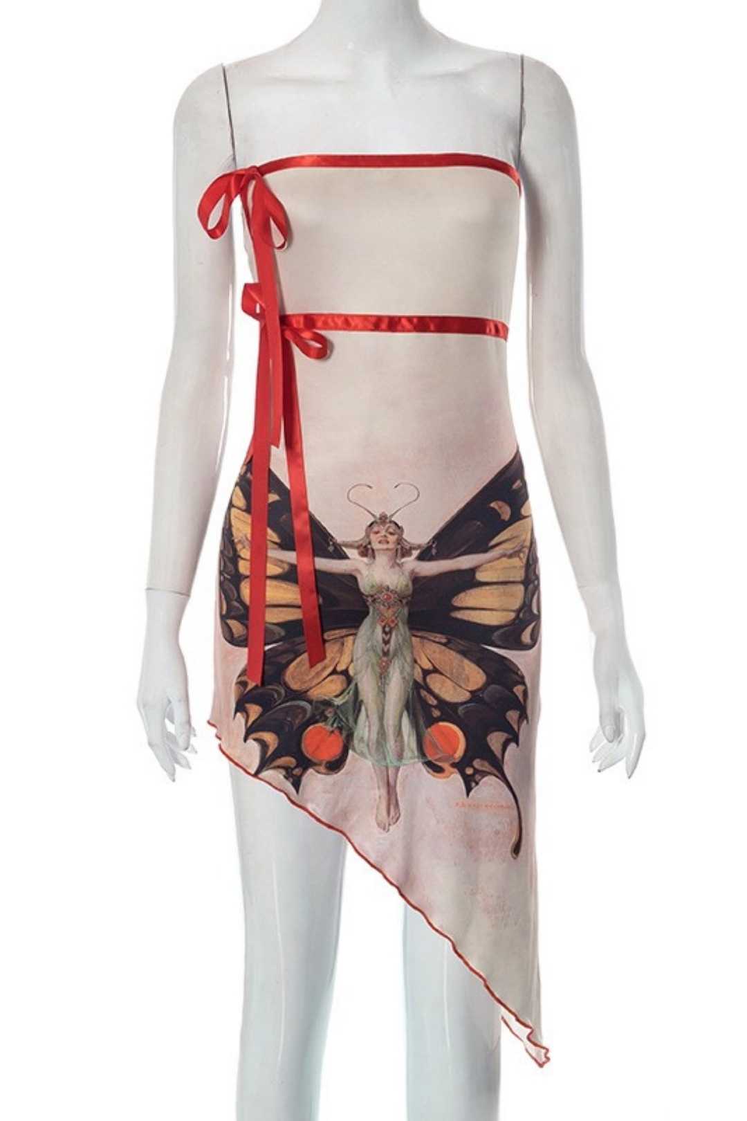 Butterfly Girl Abstract Printed Irregular Design Dress Women's New Summer