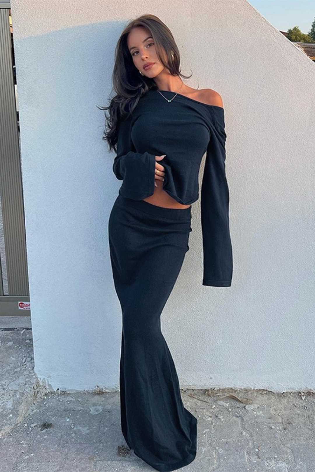 Long-sleeved Strappy Double-sided Top High-waisted Fishtail Skirt Suit