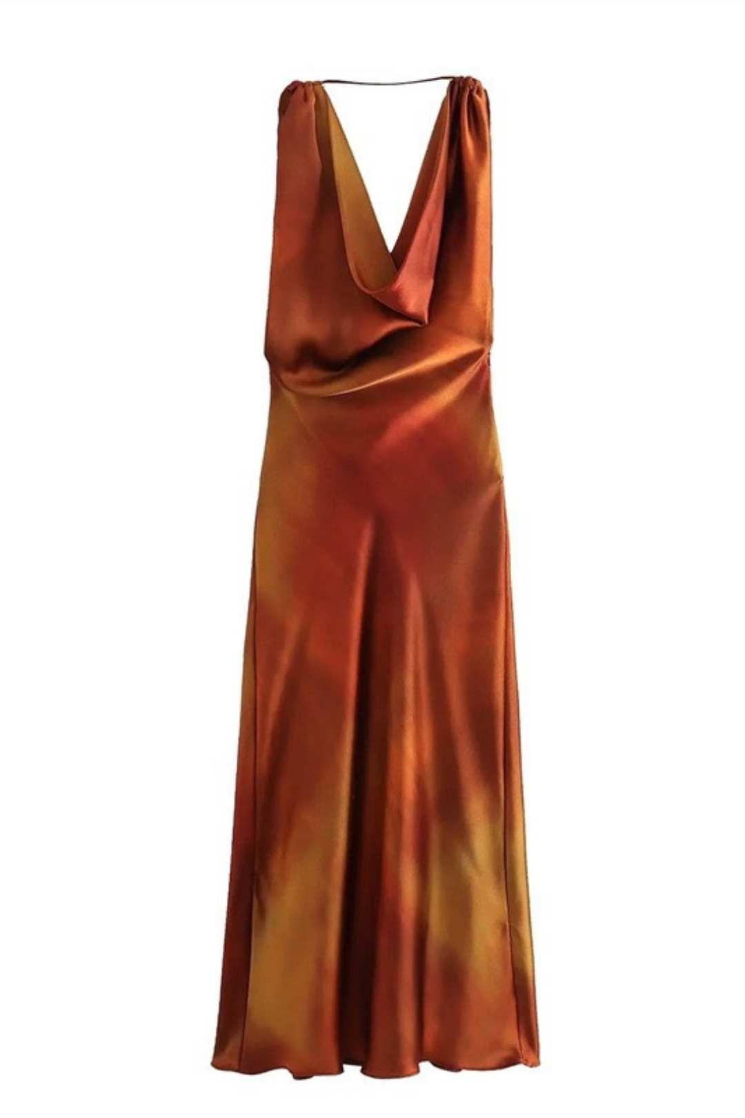 Cowl Collar Silk Satin Texture Printed Dress