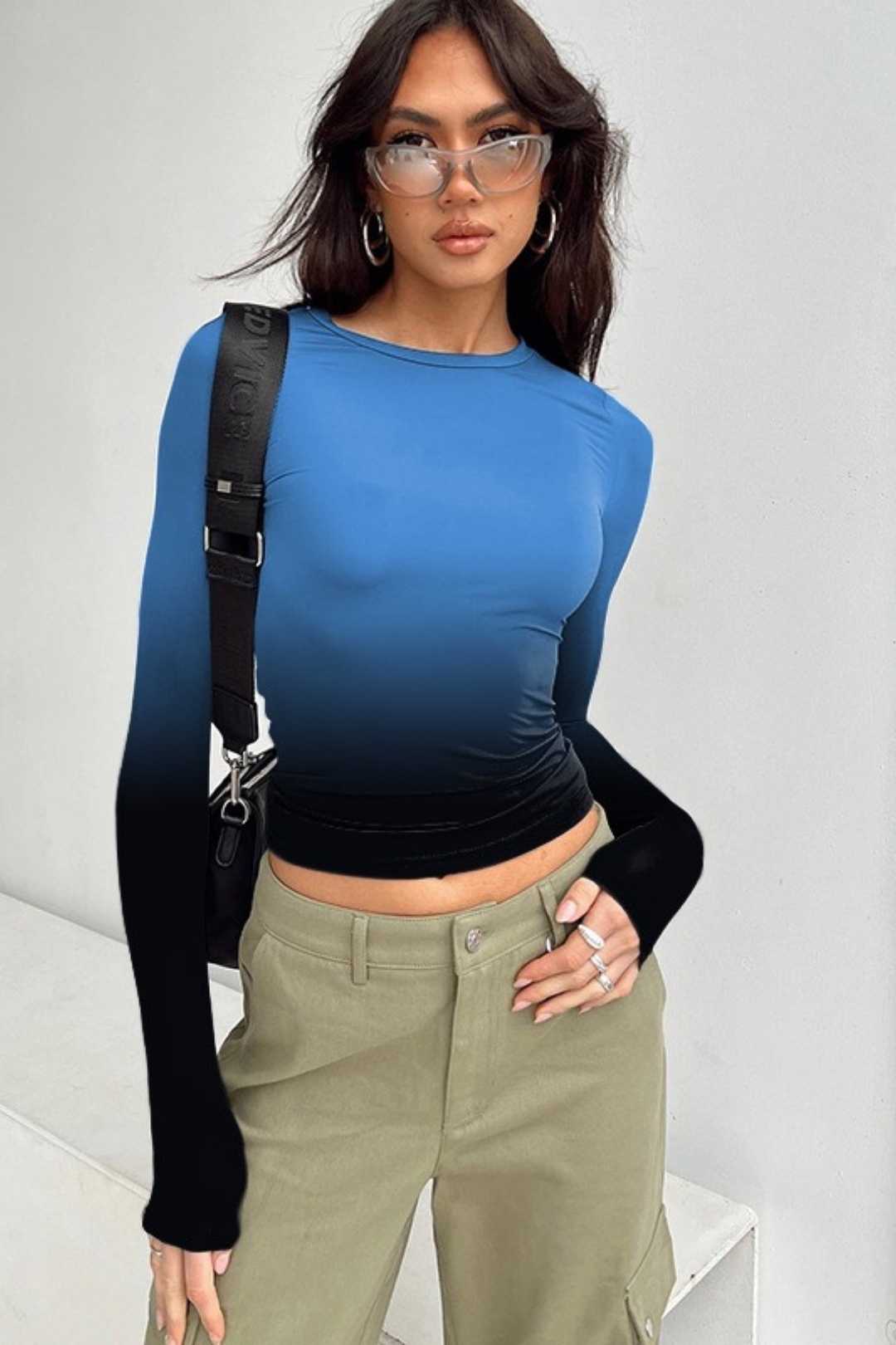 Long-sleeved Slim Sexy Round Neck Gradient Top