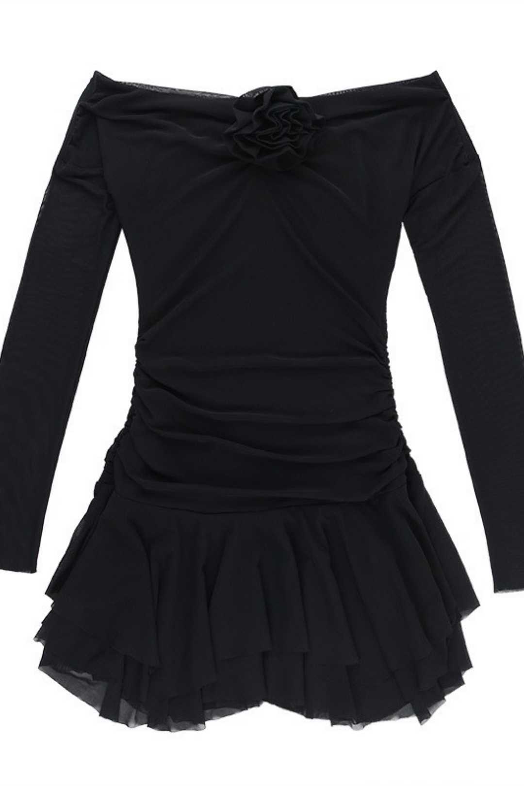 Temperament Flower One-shoulder Mesh Long-sleeved Dress