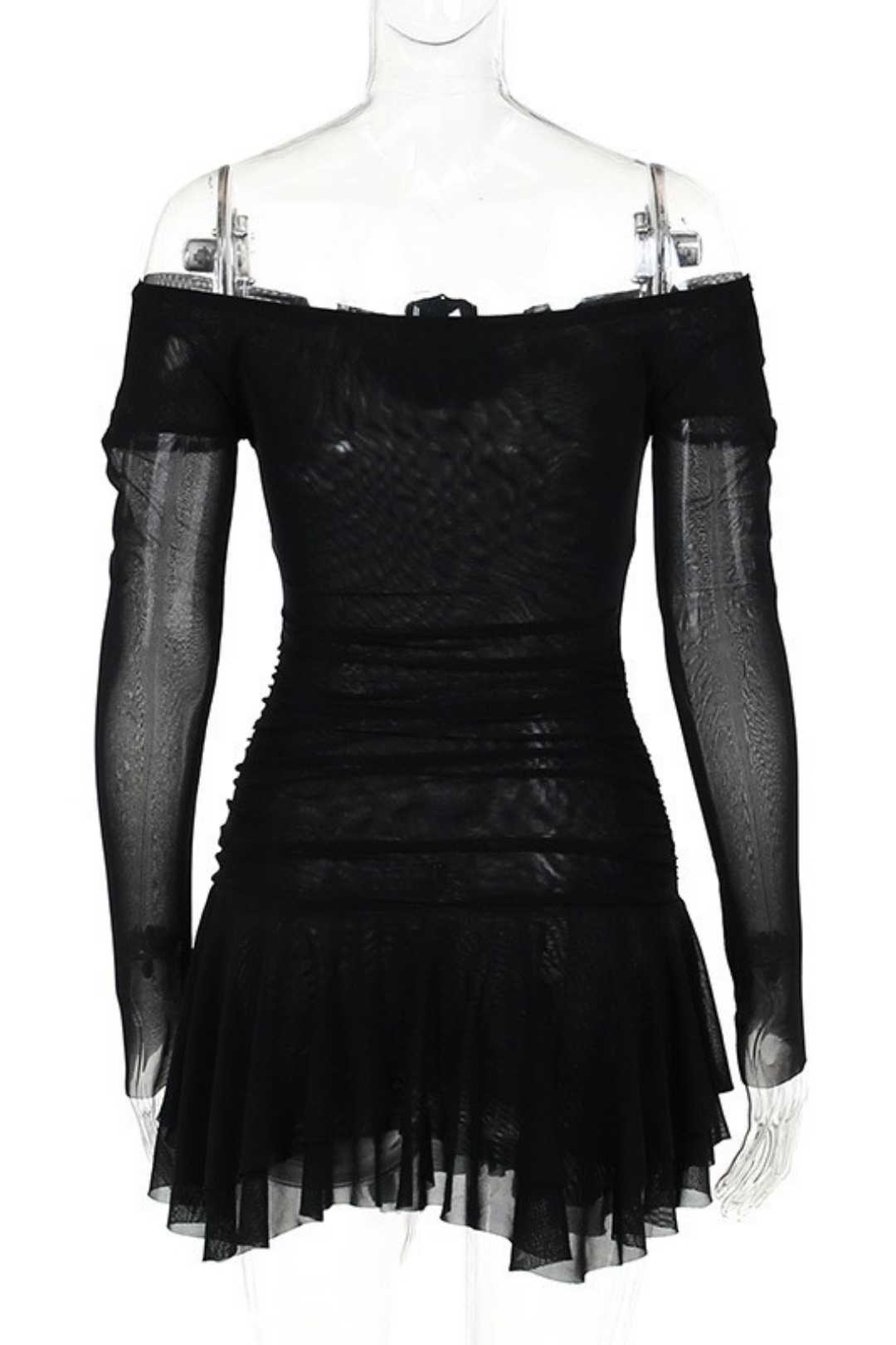 Temperament Flower One-shoulder Mesh Long-sleeved Dress