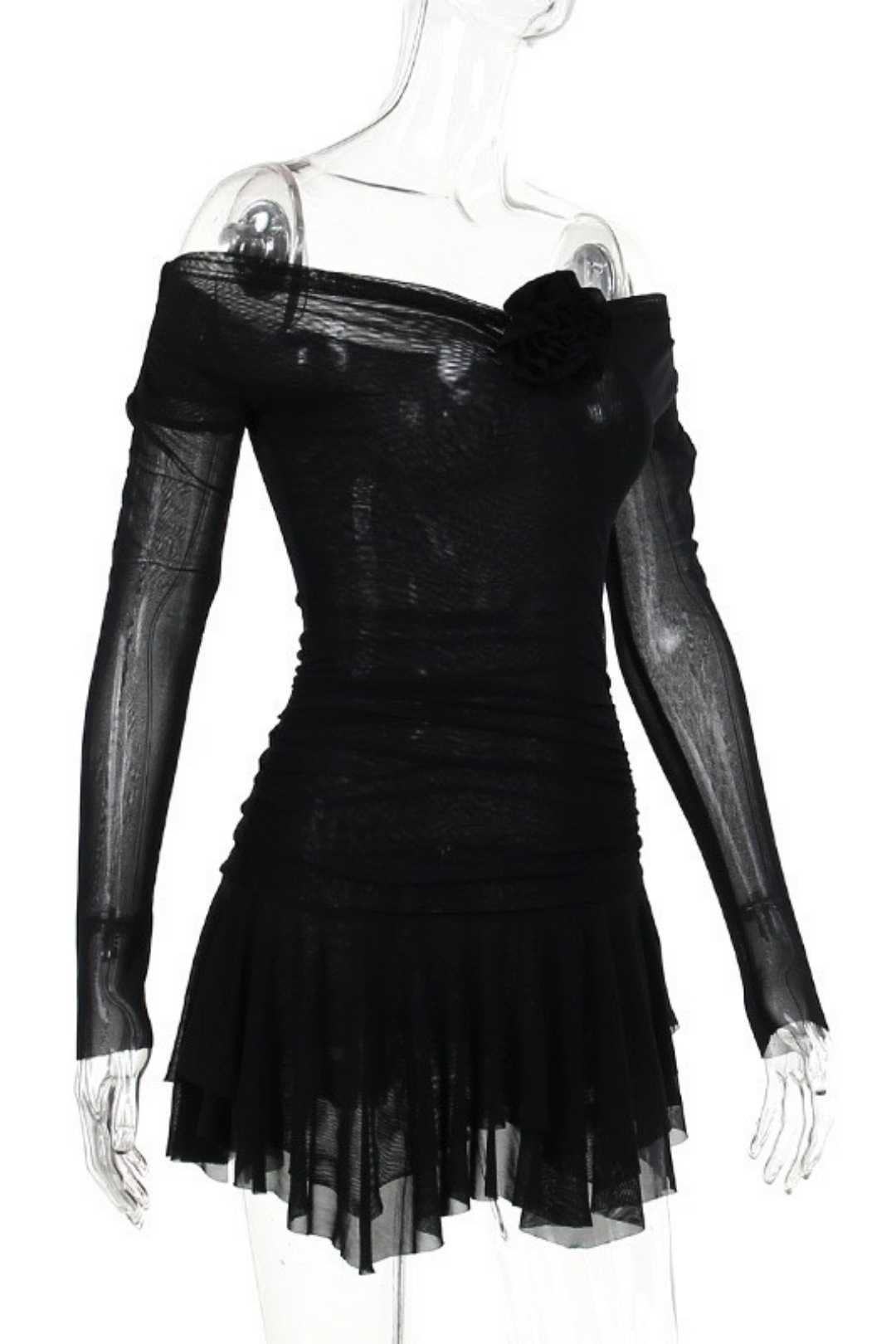 Temperament Flower One-shoulder Mesh Long-sleeved Dress