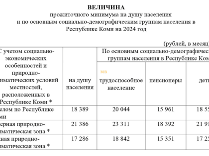 В Коми установлен прожиточный минимум на 2024 год
