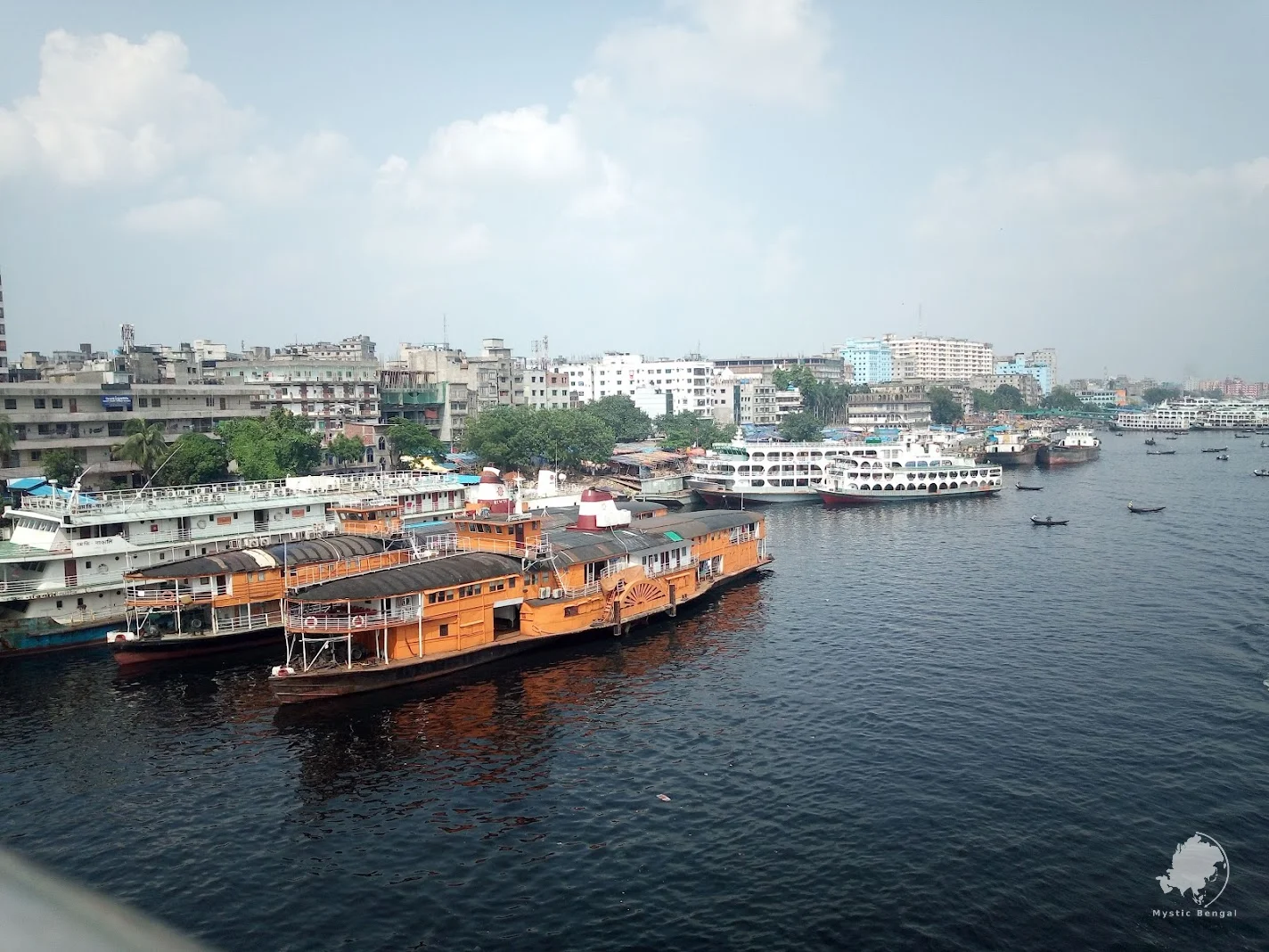 Buriganga River view in Old Dhaka showing the busy river life and waterfront