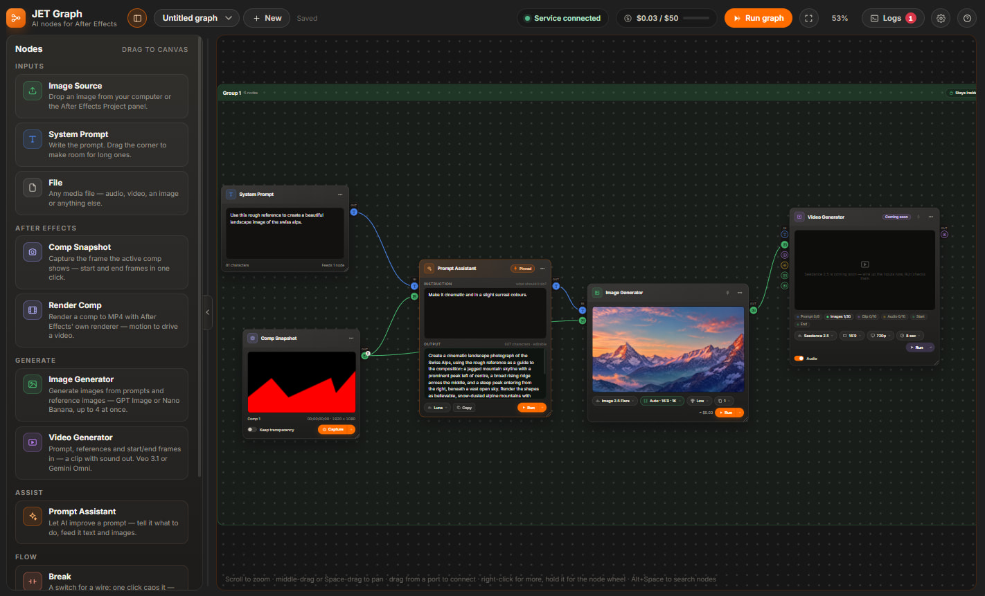 JET Graph node canvas: comp snapshot, prompt, image generator and video generator nodes wired together