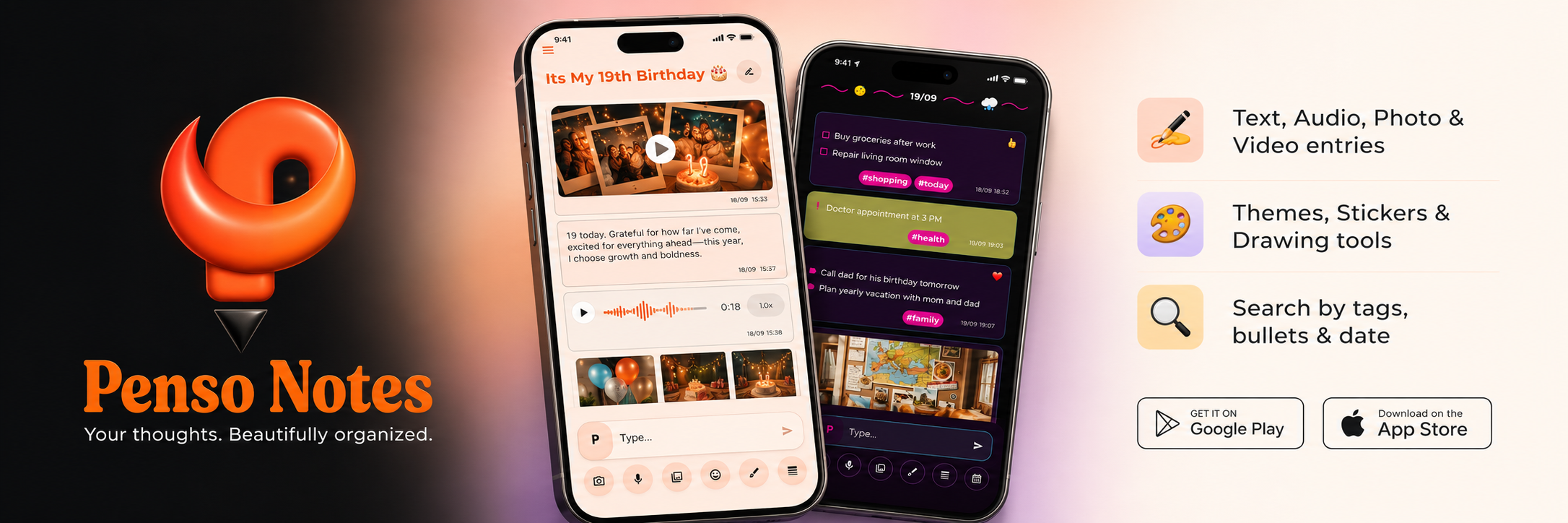 Penso Notes diary and journal app screens