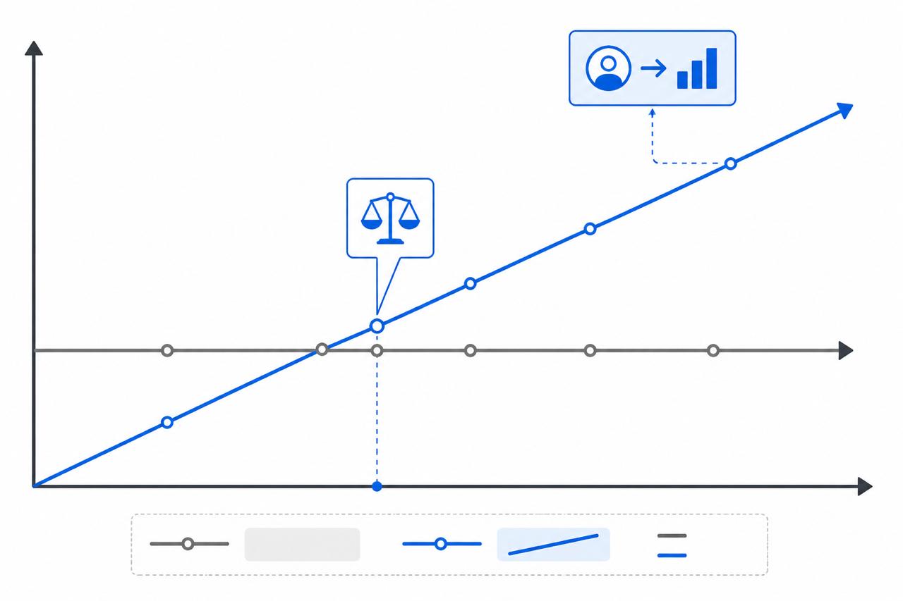 Simple diagram showing the relationship between ARPU, CAC, and the CAC payback period, with a line chart illustrating the break-even point where cumulative revenue crosses acquisition cost