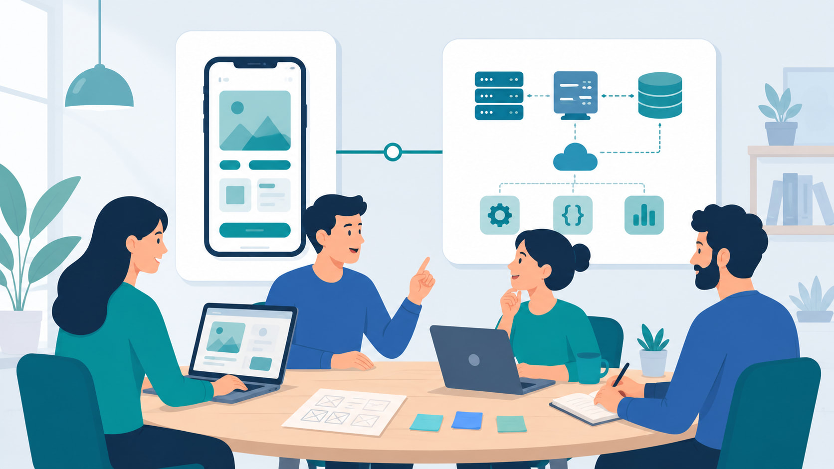 Illustration of a single integrated product team working together on mobile app screens and backend architecture diagrams at one shared workspace