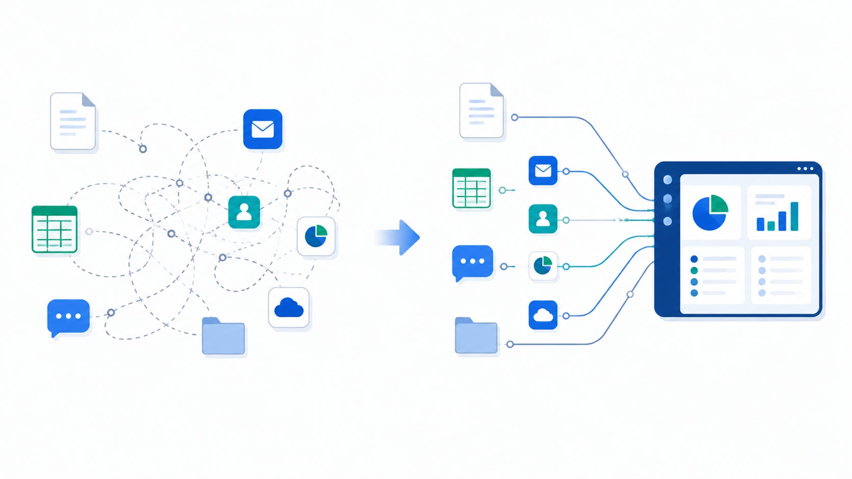 Split illustration showing scattered paper, spreadsheets, and disconnected app icons transforming into one connected dashboard with a single data flow
