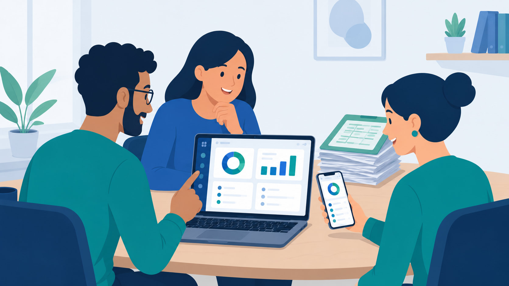 Illustration of a small business team looking at one unified dashboard on a laptop and mobile app, replacing stacks of paper and spreadsheets on the desk beside them
