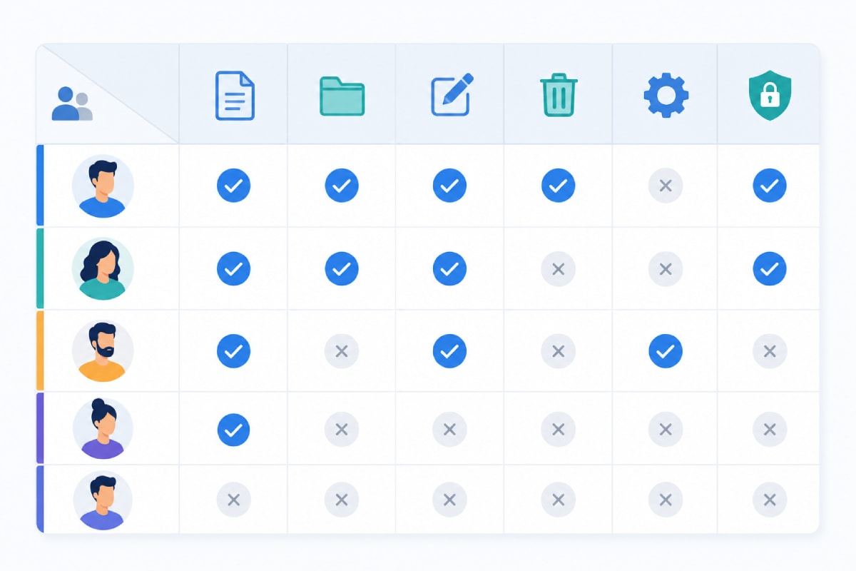 Permission matrix table showing roles as rows and permissions as columns, with checkmarks indicating access