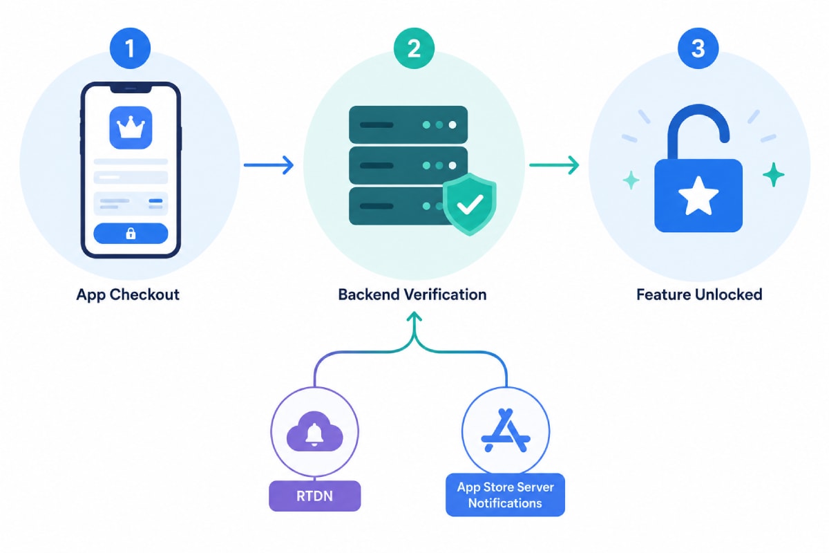 Diagram showing app checkout flow connecting to backend server, which validates via App Store Server Notifications and Google Play RTDN before unlocking features