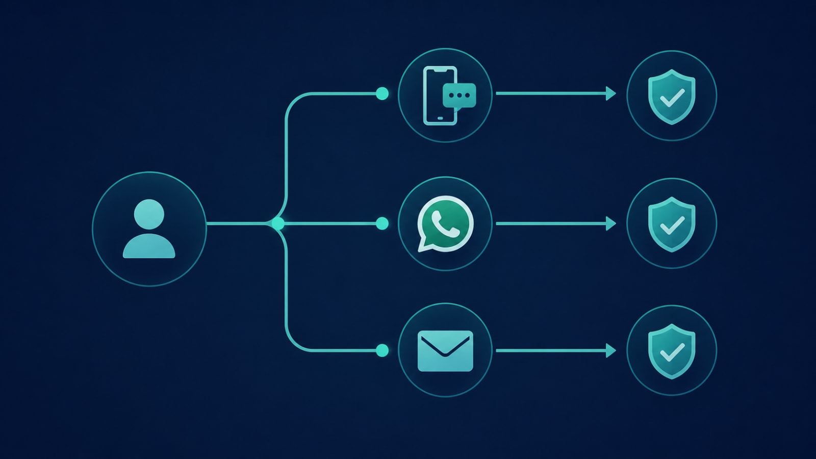 Flowchart comparing SMS, WhatsApp, and email verification paths with decision points for cost and trust level