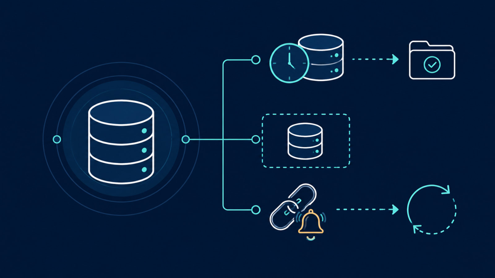 Diagram showing a production database branching into automated backups, a separate staging environment, and webhook event logs feeding into a replay system