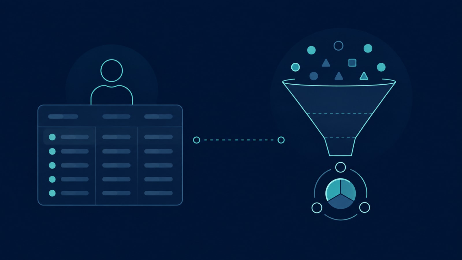 Split diagram showing an internal admin panel on one side for support and data lookup, and a product analytics dashboard on the other side showing funnels and segments