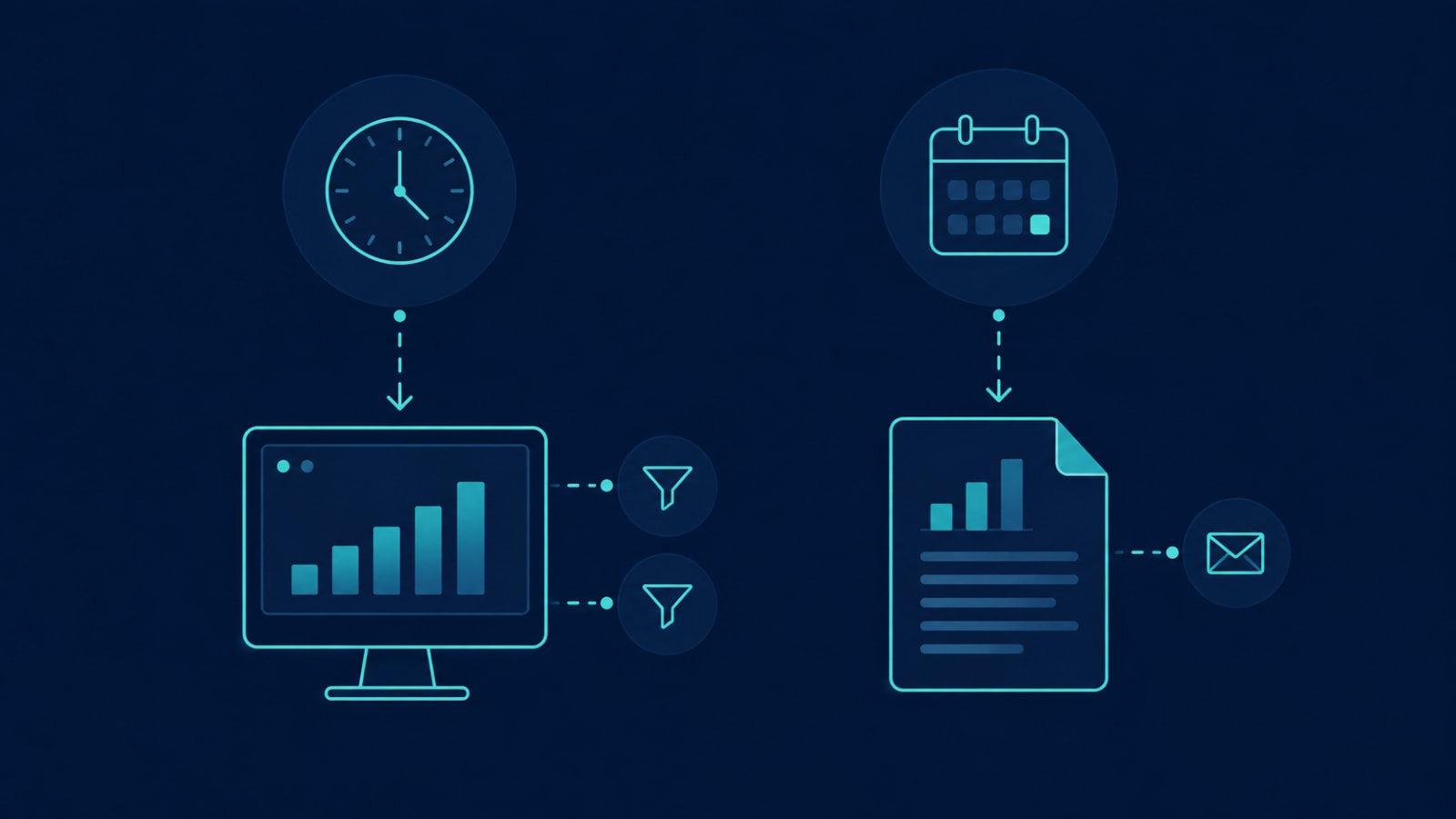 Side-by-side comparison showing a live filterable dashboard screen on one side and a scheduled narrative report document on the other