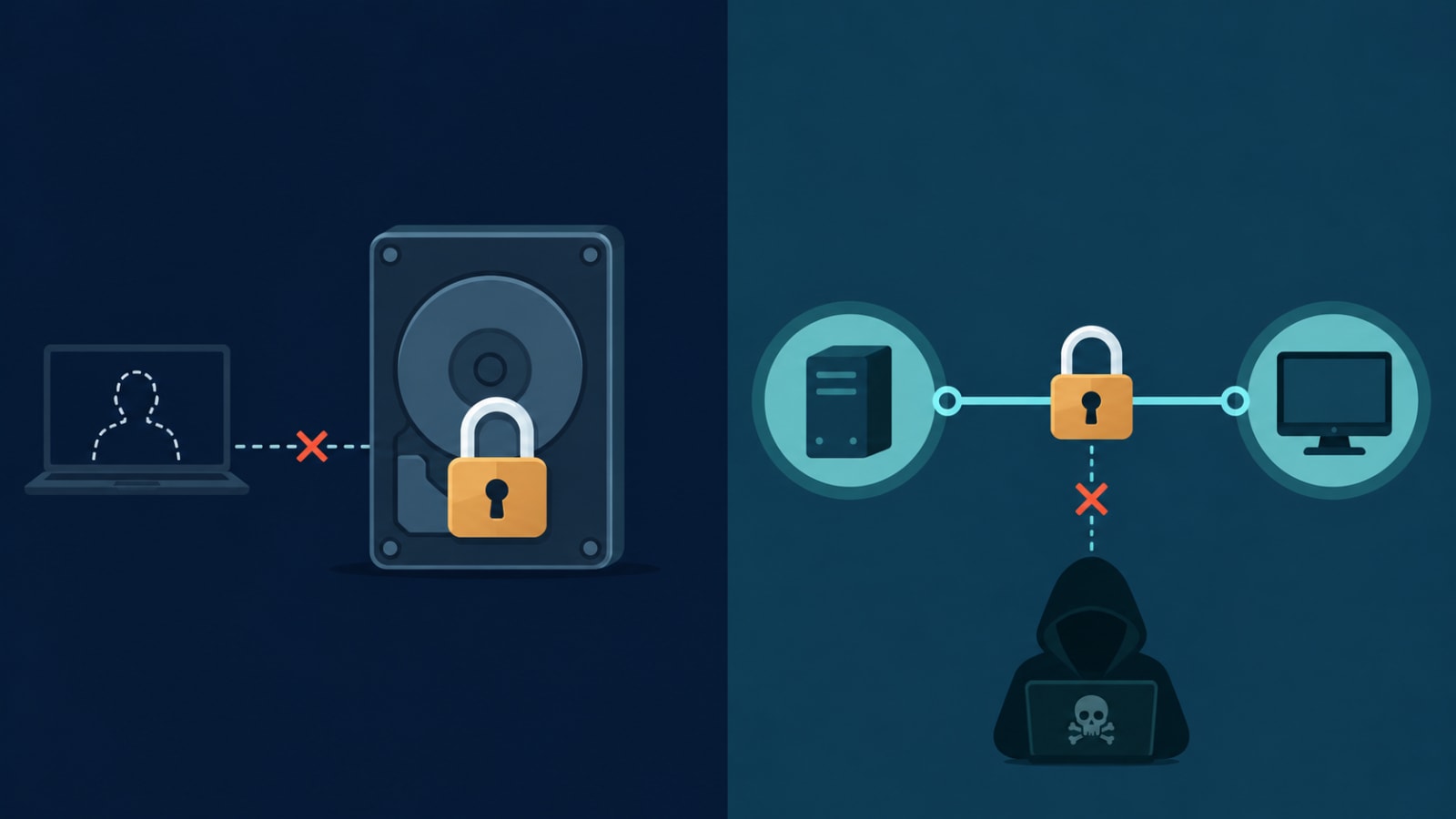 Split diagram: on the left a locked disk icon blocking a stolen-laptop silhouette, representing encryption at rest; on the right a padlocked line between two connected devices blocking an eavesdropper icon, representing encryption in transit