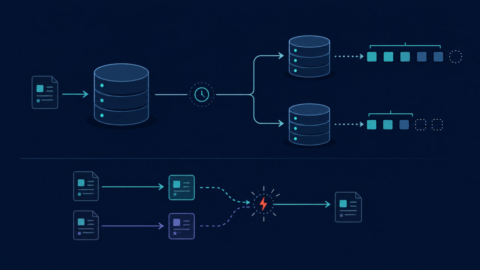 Diagram showing a primary database writing to two replicas at different sync stages, with a collision point marking a race condition between two concurrent writes