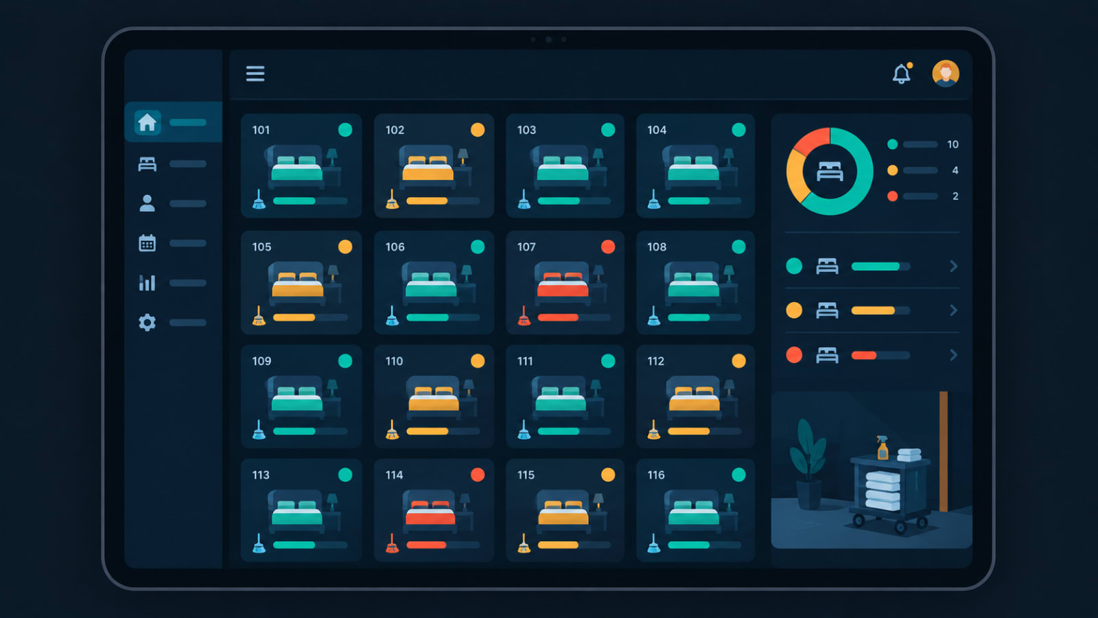 Housekeeping status dashboard shared between front desk, staff app, and HQ ops portal