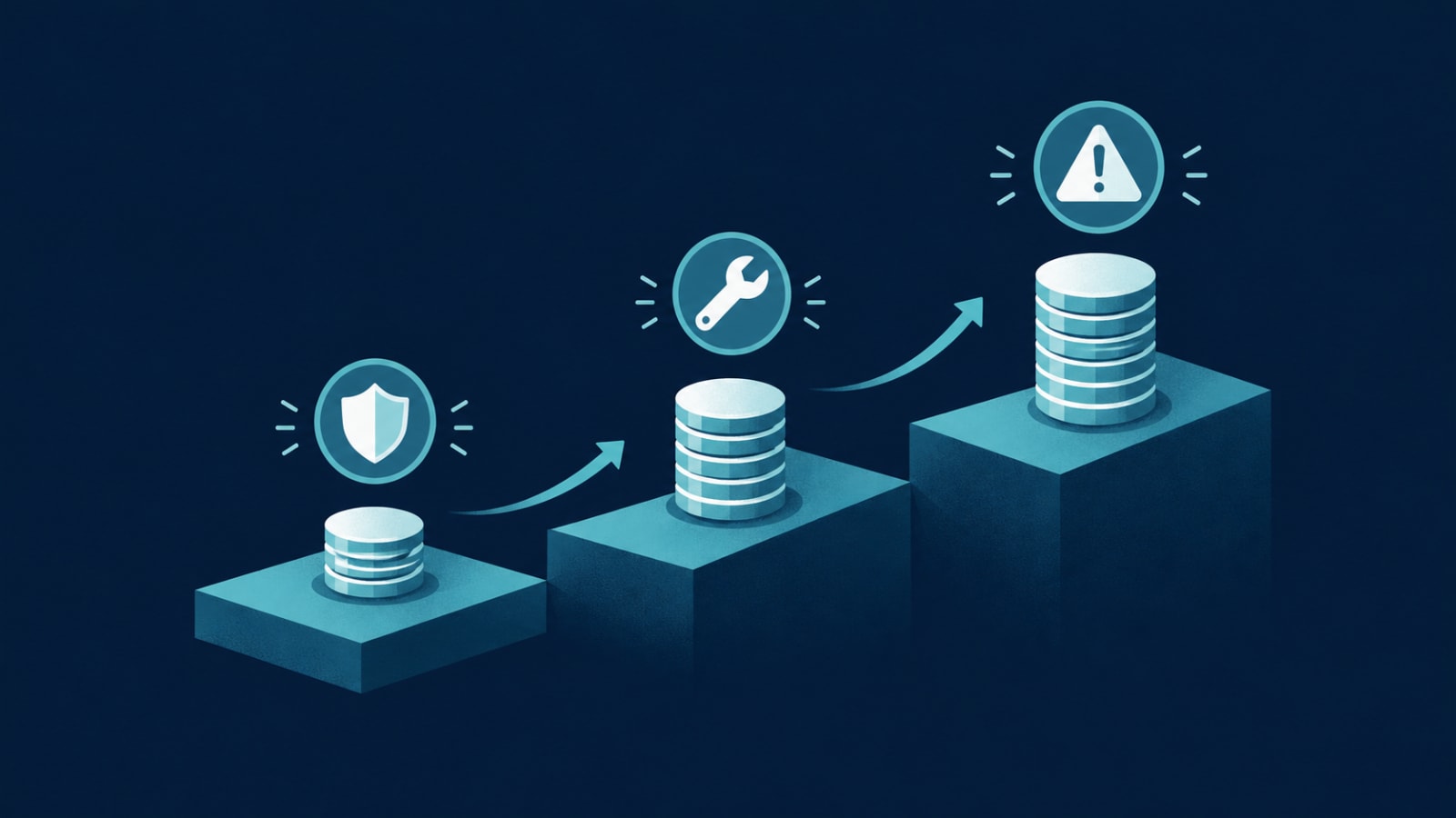 The 1-10-100 rule shown as three steps of rising cost: prevention, correction and failure