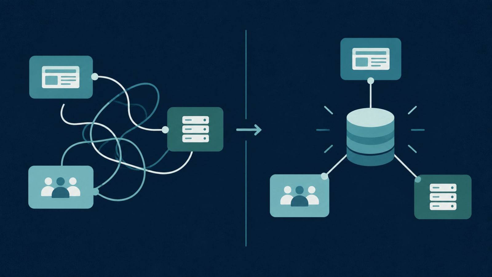 Tangled MVP tools on the left reorganised around a single source of truth on the right