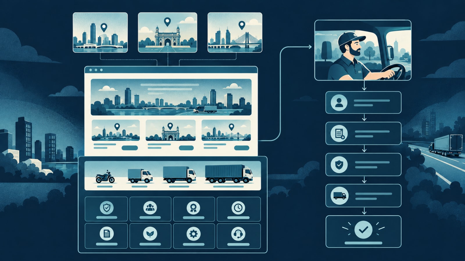 Structure of a logistics marketing site with city pages, fleet explorer, trust signals and a driver funnel