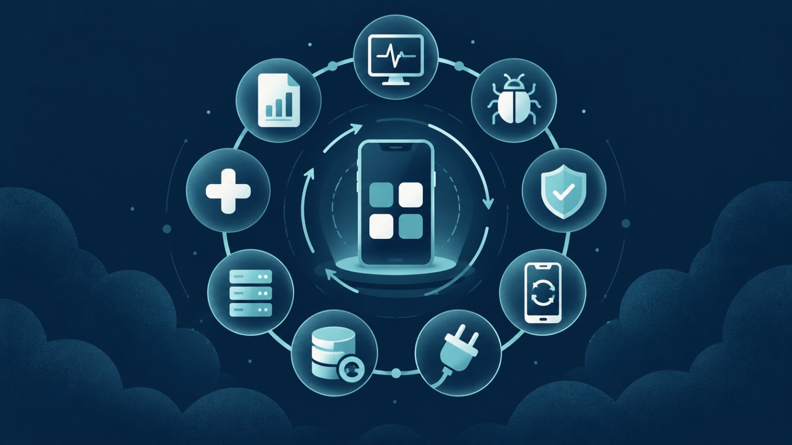 Cycle of ongoing software maintenance tasks around a live app