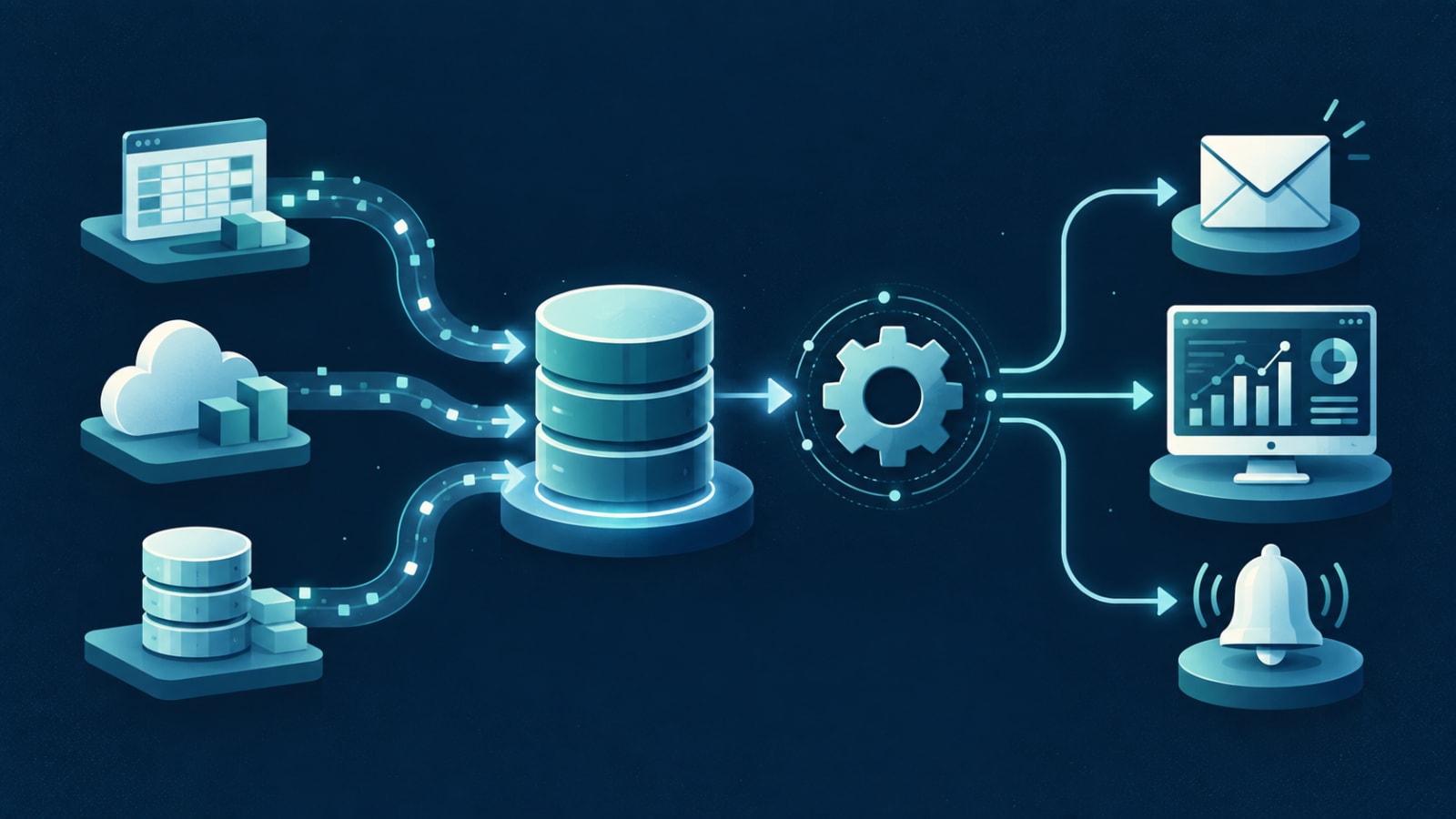 Reporting pipeline from source systems into one database, producing scheduled reports, dashboards and alerts