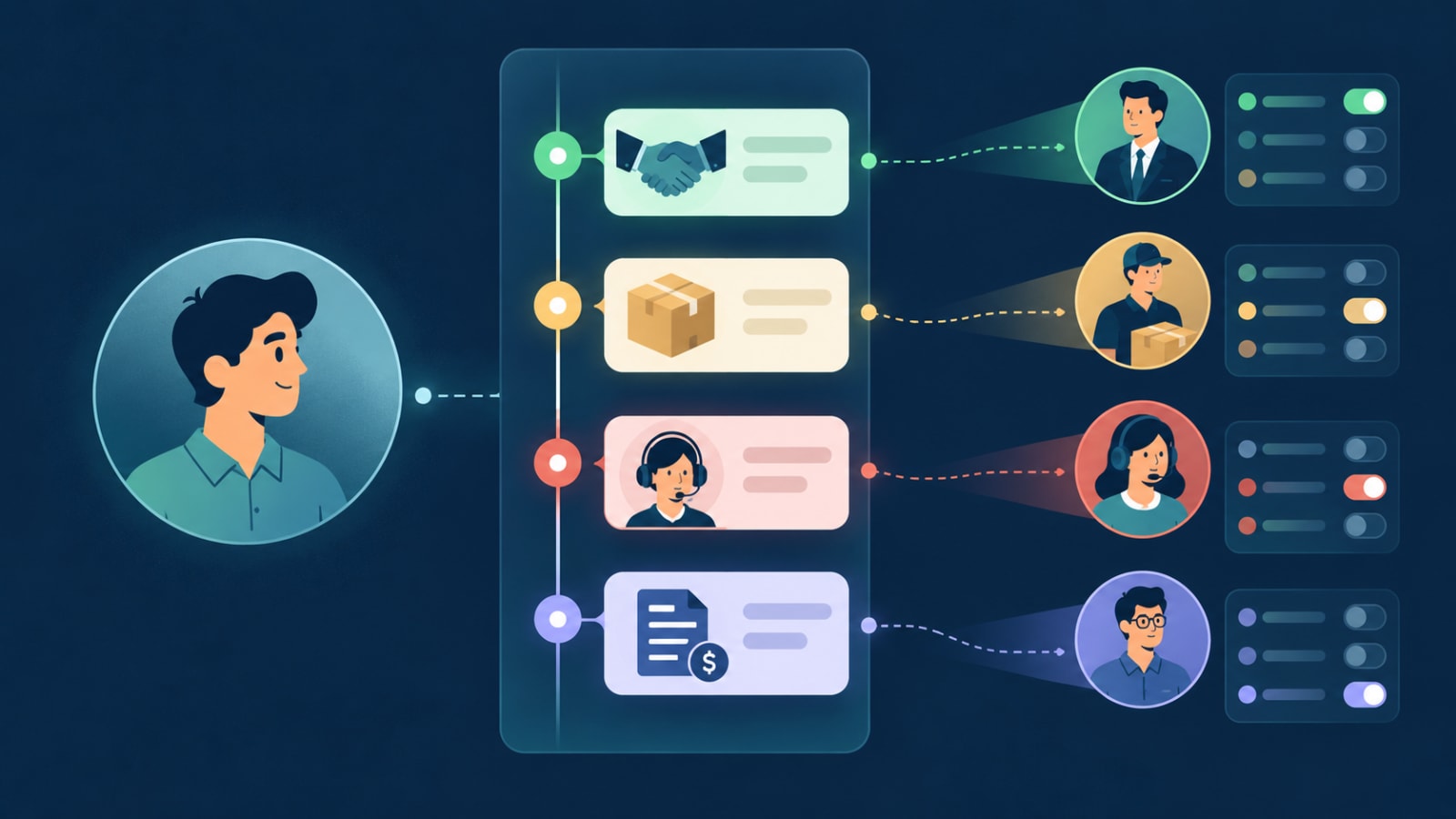 Unified customer timeline combining sales, orders, support tickets and invoices