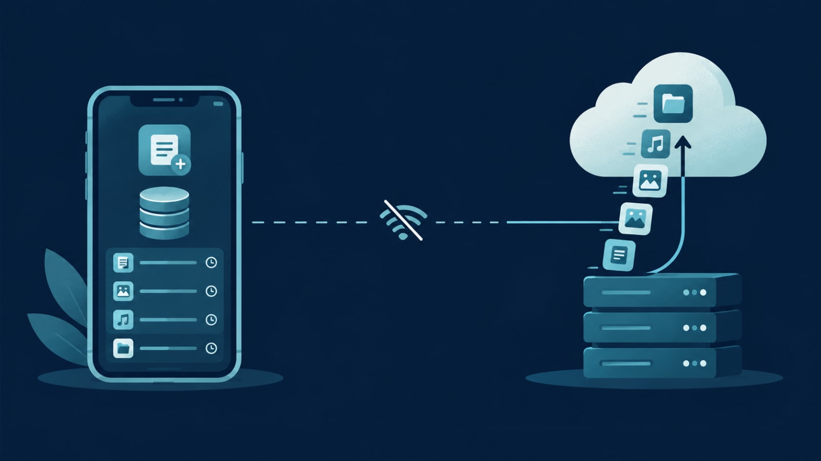 Offline-first sync: actions saved on the device, queued, and synced when connectivity returns