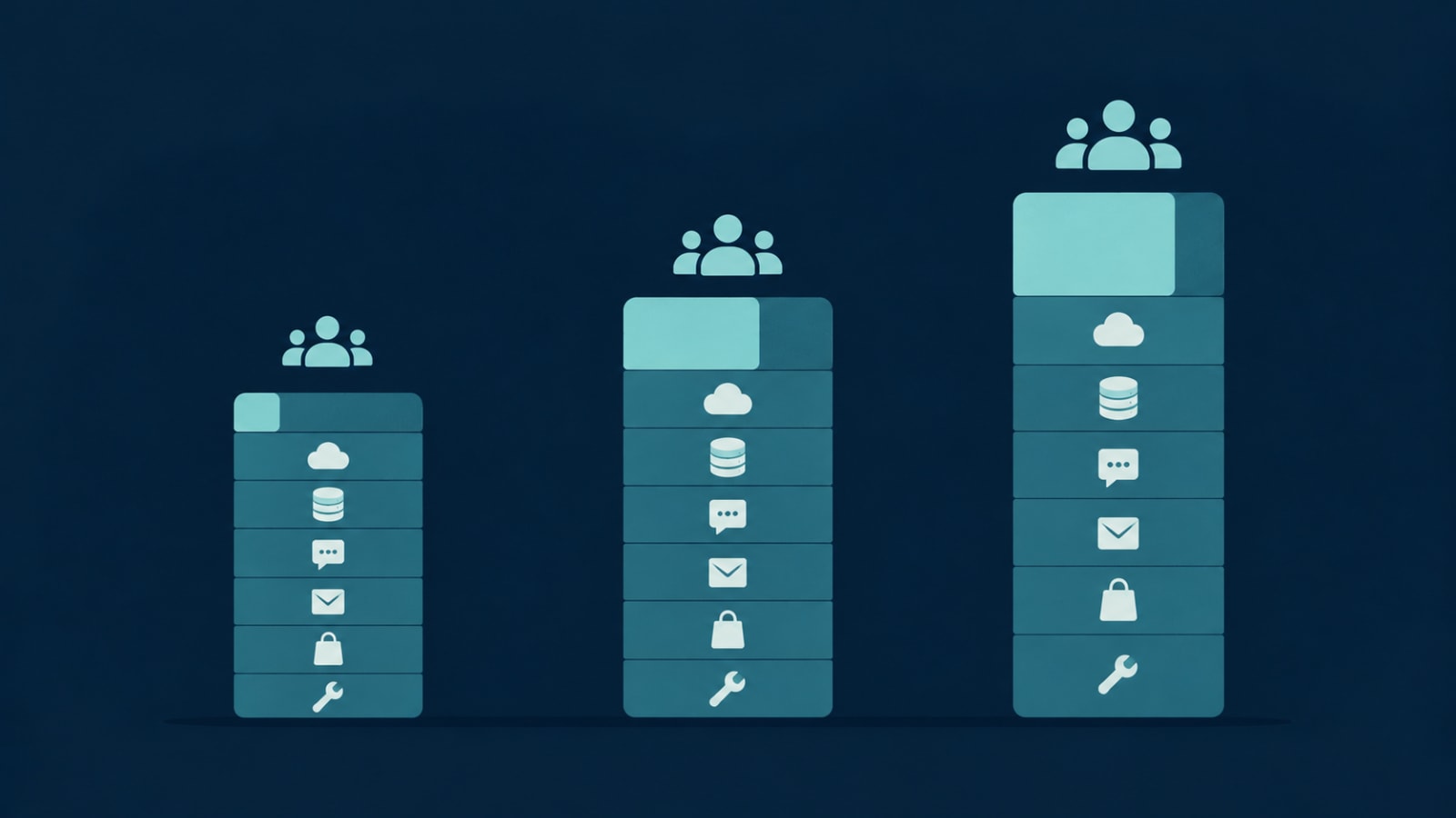 Monthly app running costs at three user levels, showing flat costs staying the same while usage-based costs grow