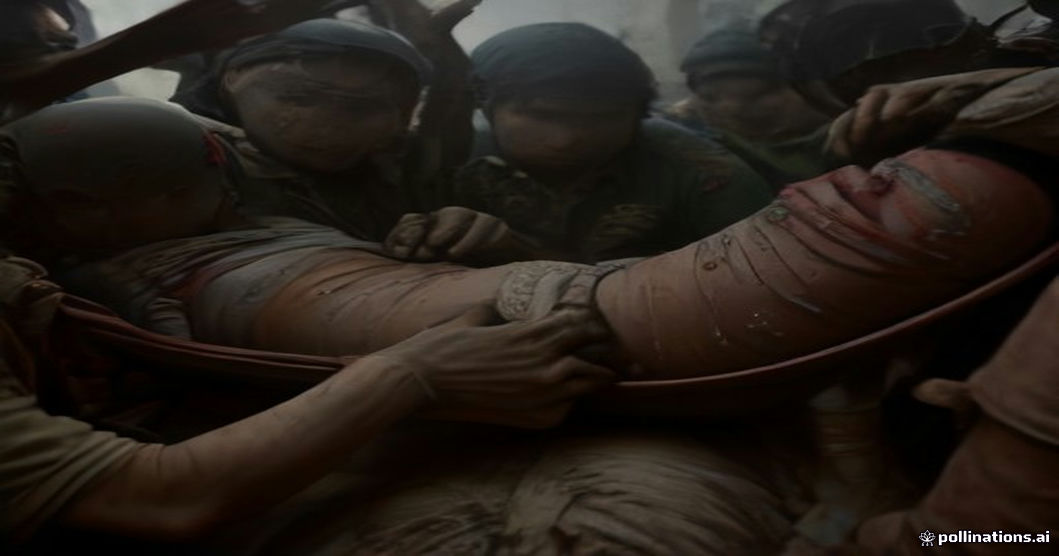 Rescue workers pulling victims from wreckage