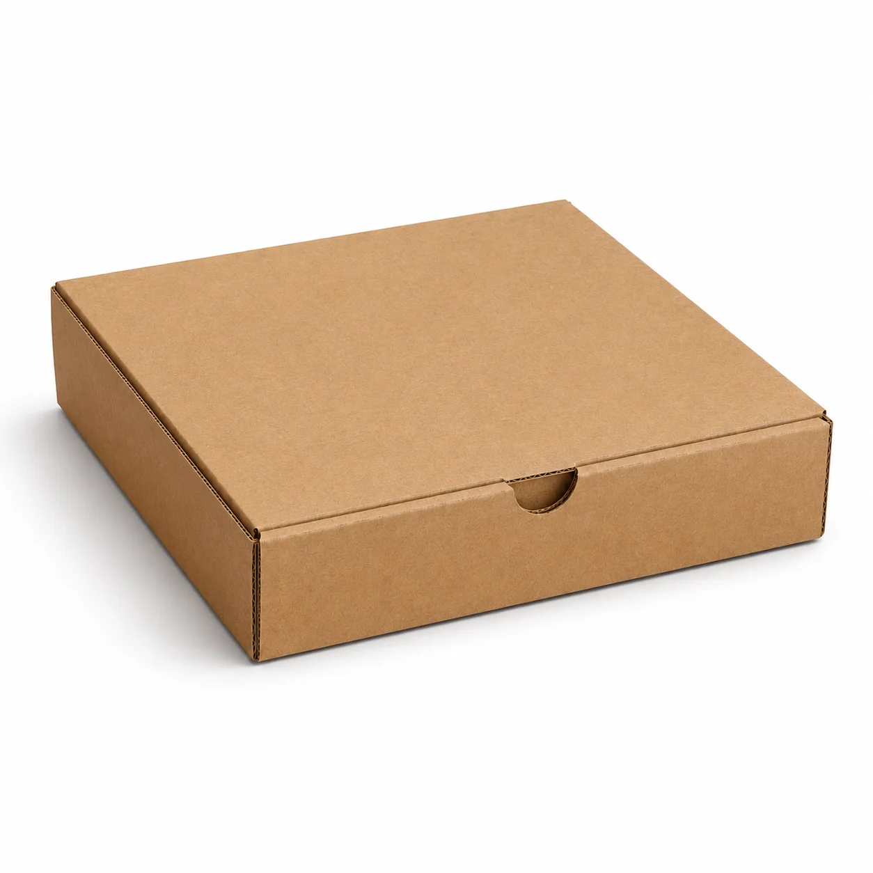 Front view of 9x9 inch brown corrugated pizza box for food delivery