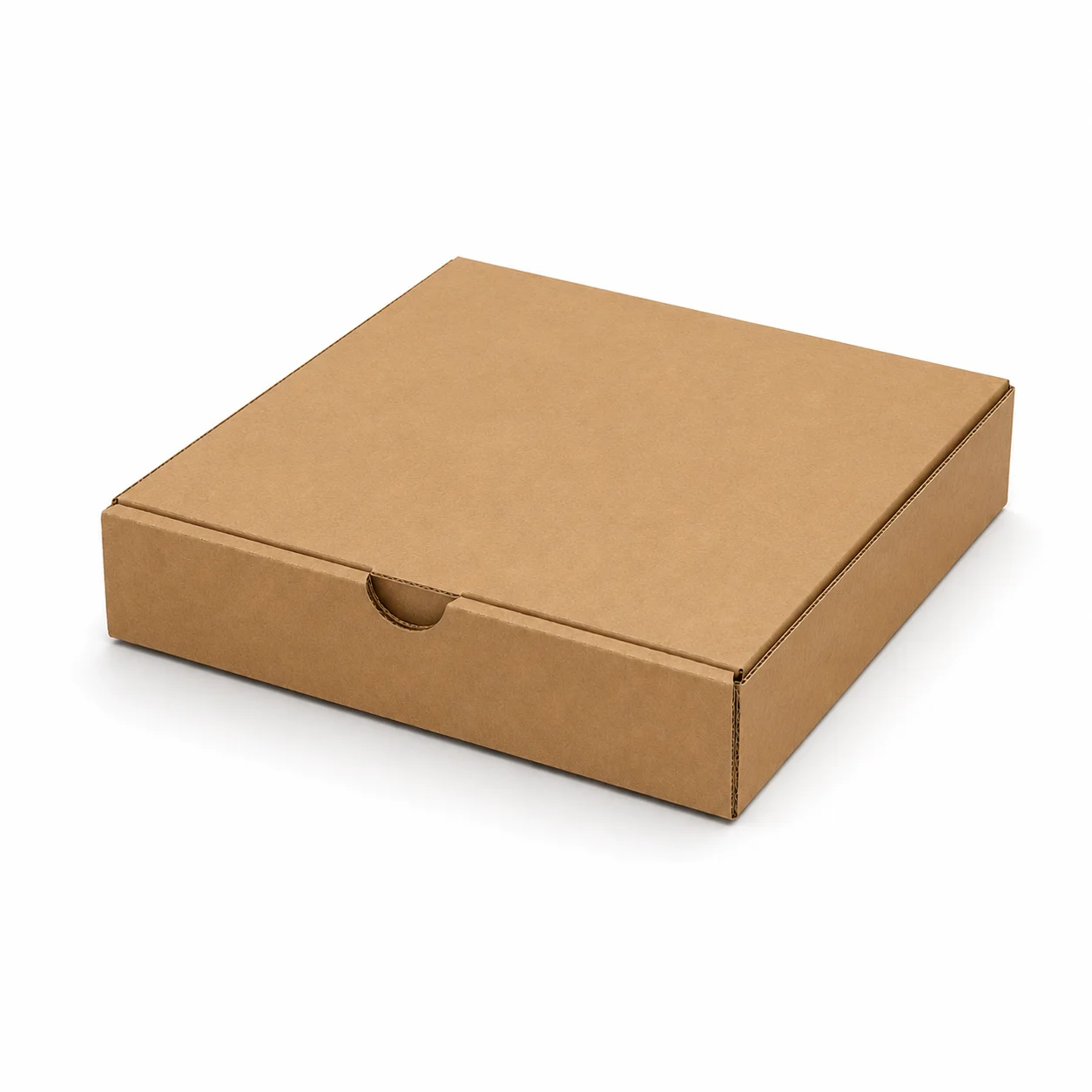 Down view of 9x9 inch brown corrugated pizza box for food delivery