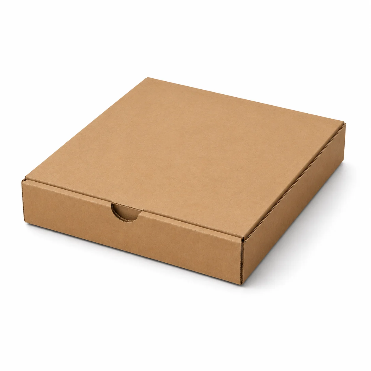 Full view of 9x9 inch brown corrugated pizza box for food delivery
