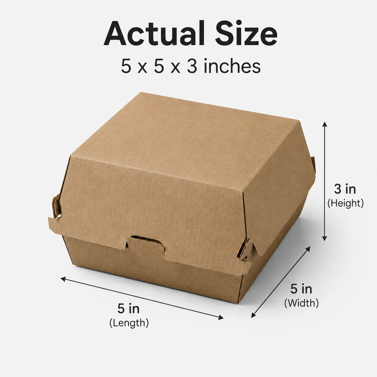 5x5 inch brown kraft burger box with actual size dimensions by Boxwaale.in