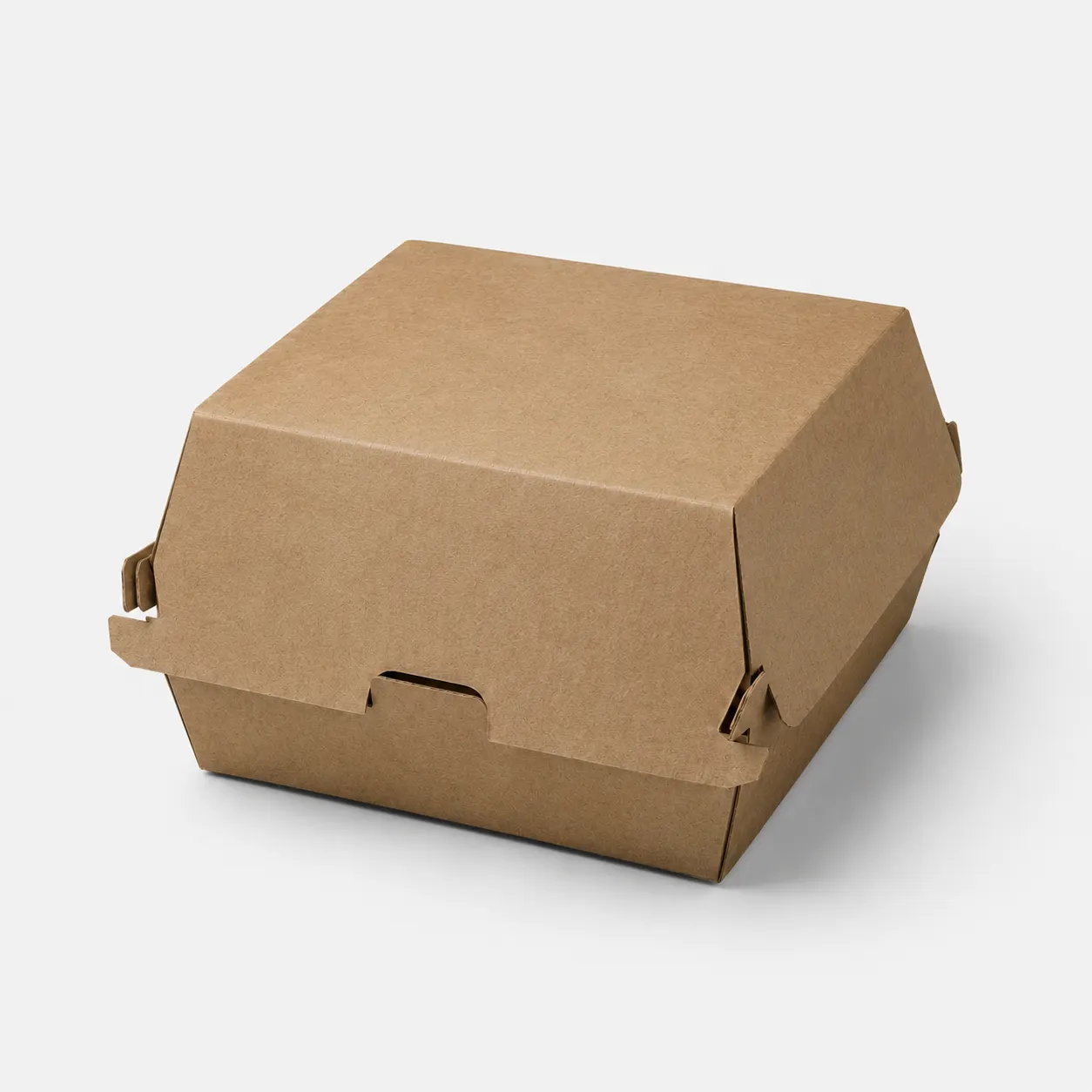 Front angle view of 5x5 inch brown kraft burger box for takeaway food packaging