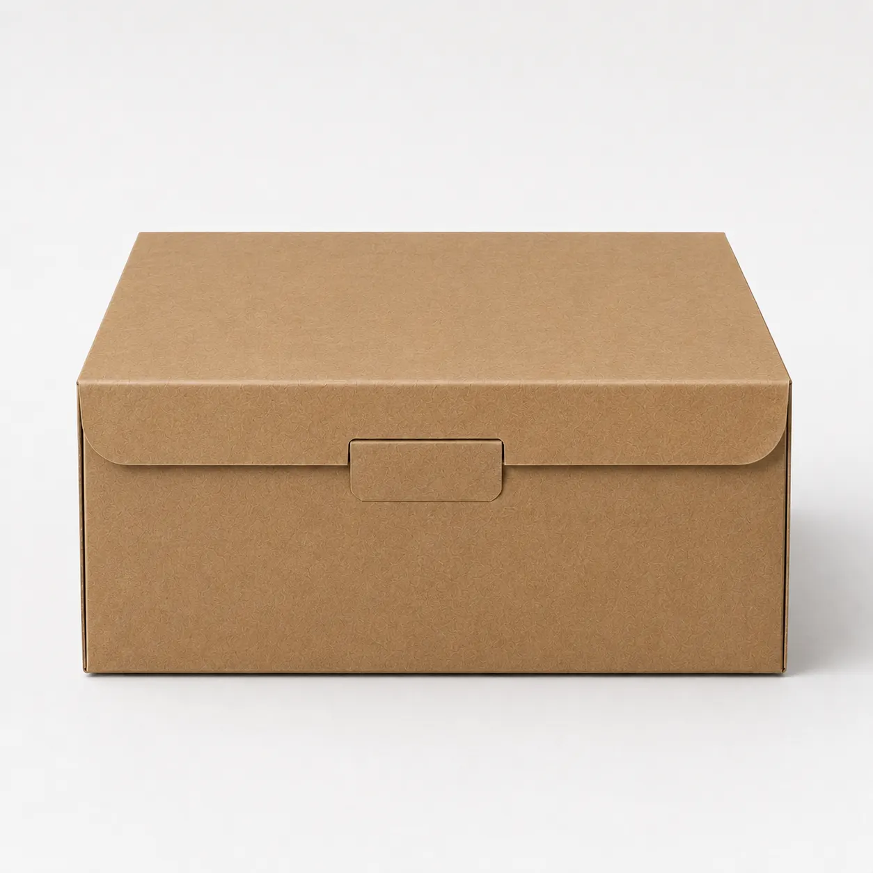 Front angle view of 8x8 inch brown kraft cake box for bakery and pastry packaging