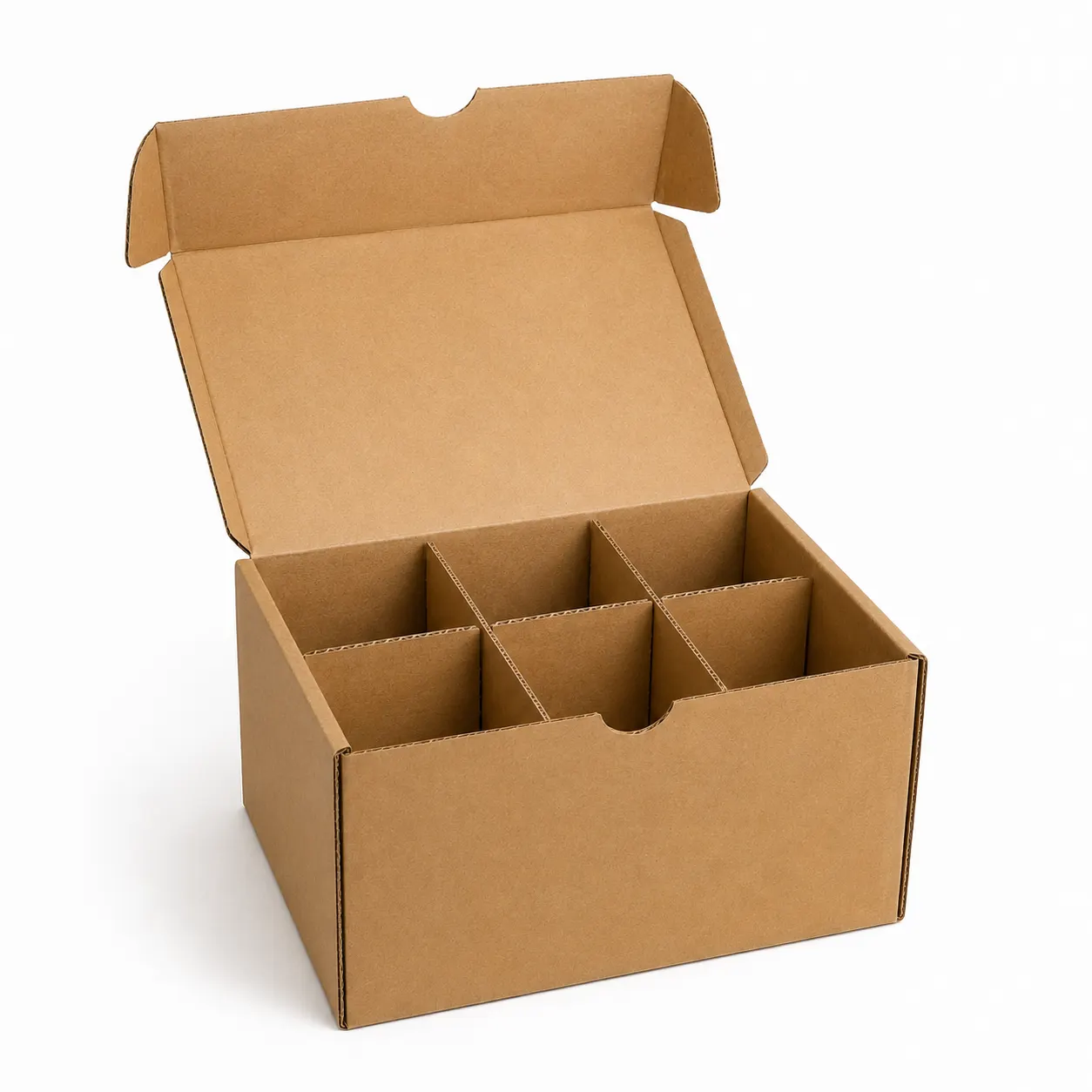 Open brown corrugated nail paint box with six internal bottle compartments