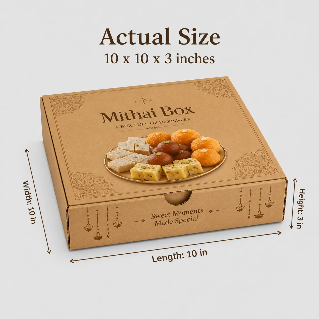 10x10x3 inch brown corrugated mithai box with actual size dimensions by Boxwaale.in