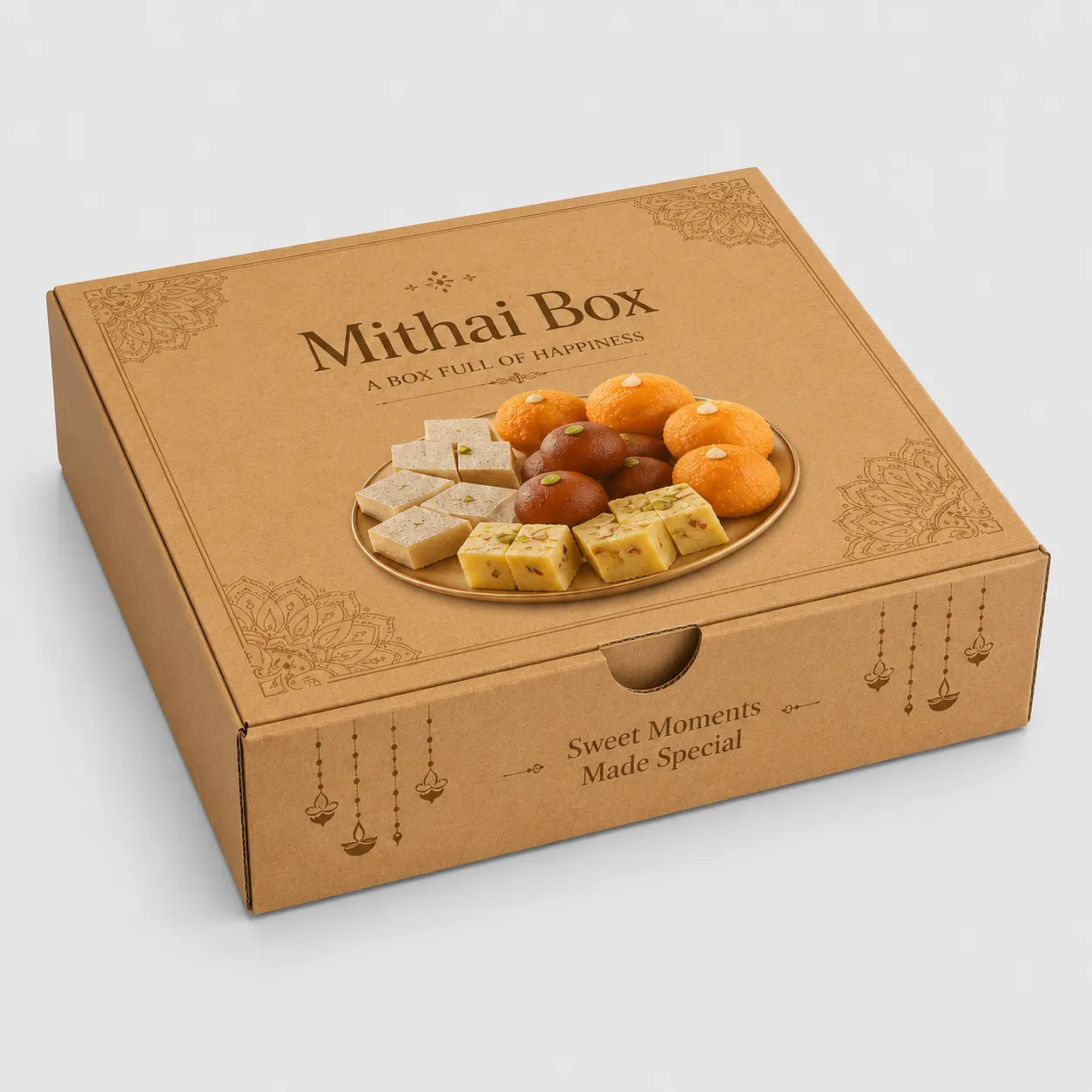 Front angle view of 10x10x3 inch brown corrugated mithai box with printed sweet design