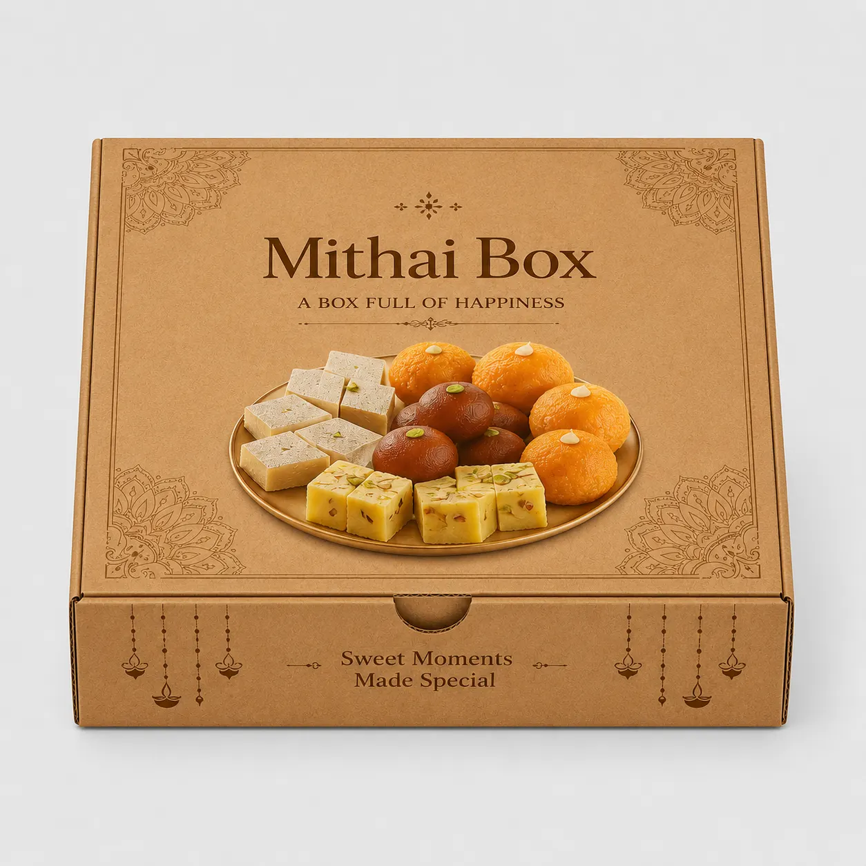 Front view of printed brown corrugated mithai box for sweet and dry fruit packaging