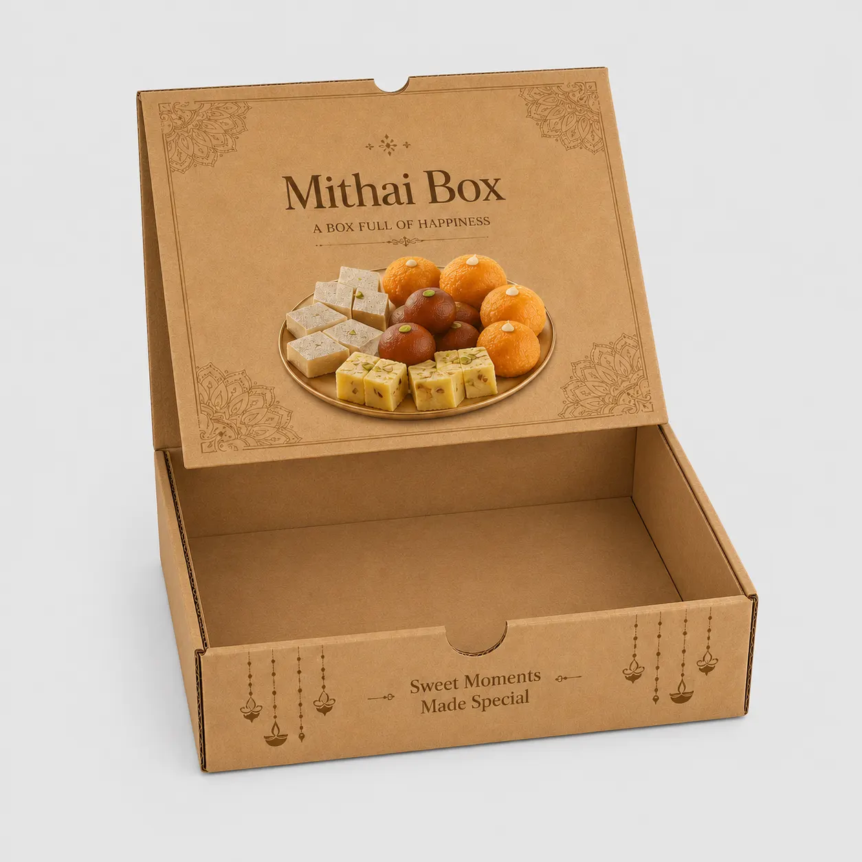 Open brown corrugated mithai box for sweets dry fruits and bakery packaging