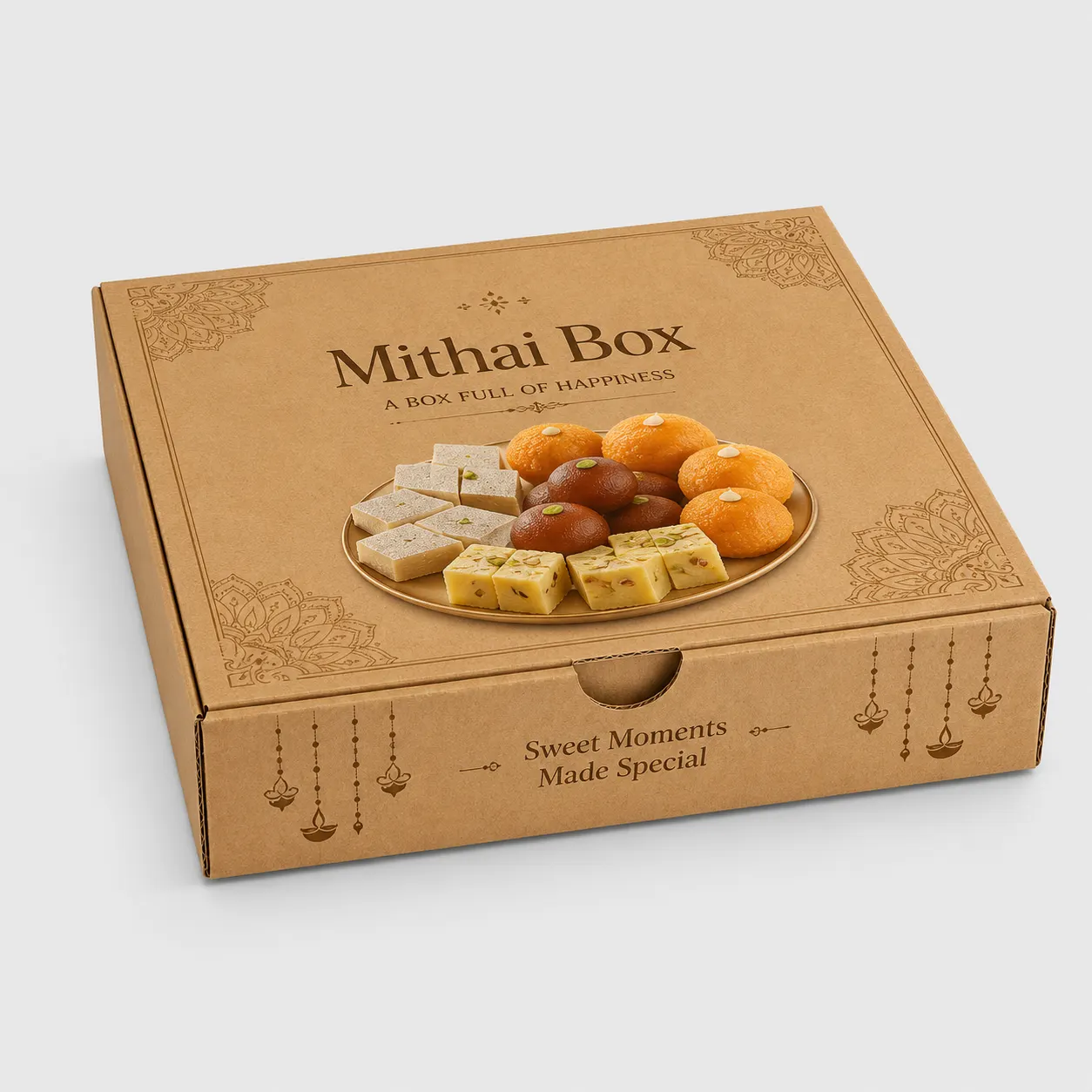 Close-up view of printed mithai box with traditional sweet design