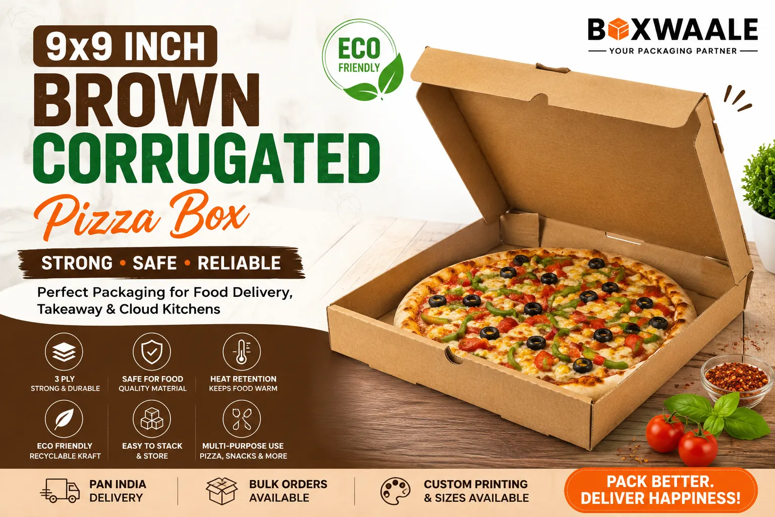 9x9 inch brown corrugated pizza box for restaurants, cafés and cloud kitchens by Boxwaale
